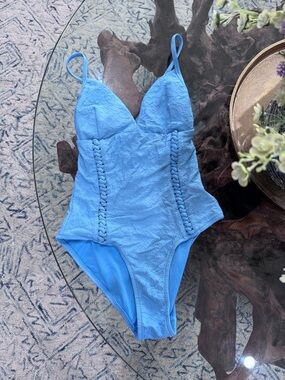 Sky Blue One-Piece Swimsuit with Braided Side Detail and matching Cover Up
